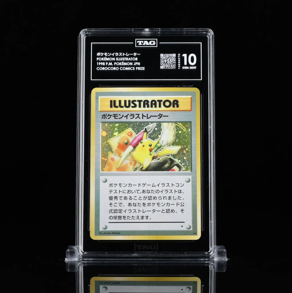 A graded Pokémon trading card titled 'Pokémon Illustrator' featuring Pikachu, displayed in a protective case with a high grade score.