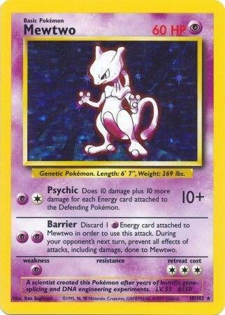 A Pokémon trading card featuring Mewtwo, a powerful psychic Pokémon with 60 HP. The card displays its abilities, including 'Psychic' and 'Barrier.'