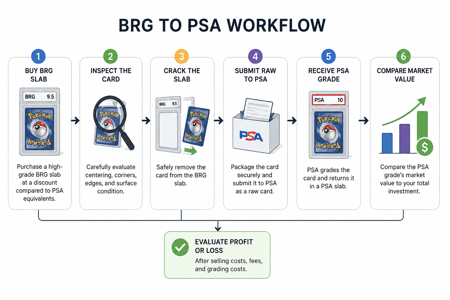Infographic outlining the BRG to PSA workflow for card grading, featuring steps: buying a BRG slab, inspecting the card, cracking the slab, submitting to PSA, receiving a PSA grade, and comparing market value.