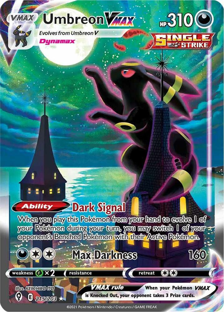 A Pokémon trading card featuring Umbreon VMAX, depicting a black and yellow Umbreon against a vibrant, colorful background with a moon and a building in the foreground. The card includes stats, abilities, and special features like 'Dynamax' and 'Single Strike.'