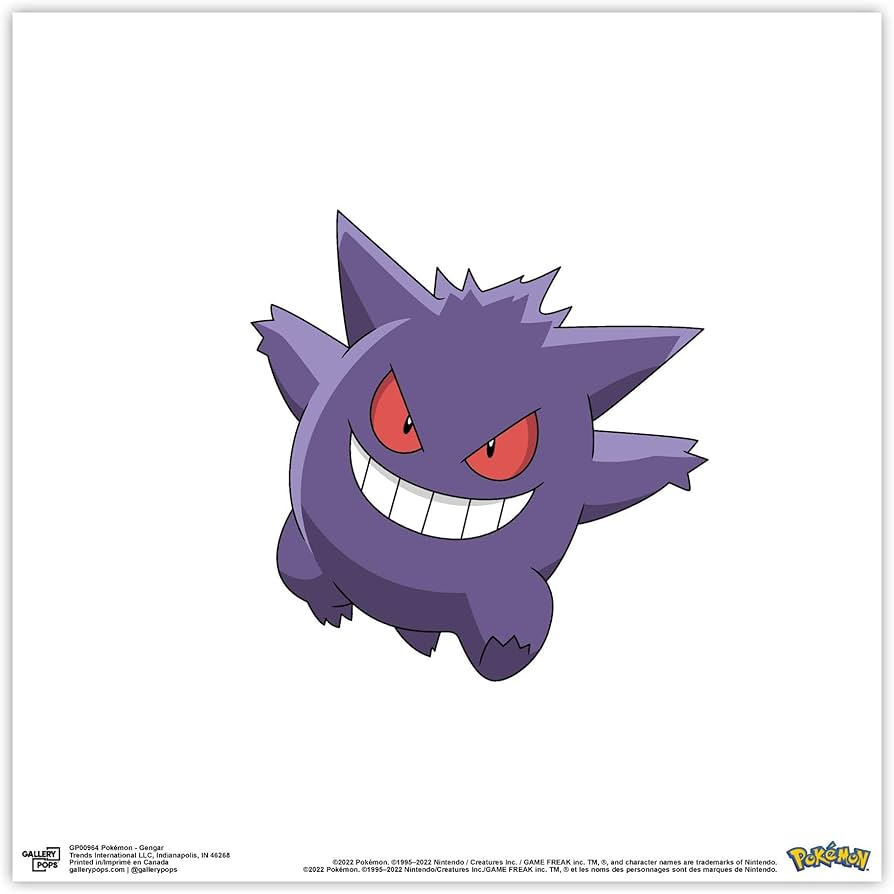 A cartoonish purple ghost-like Pokémon with large red eyes and a wide grin, flying against a white background.