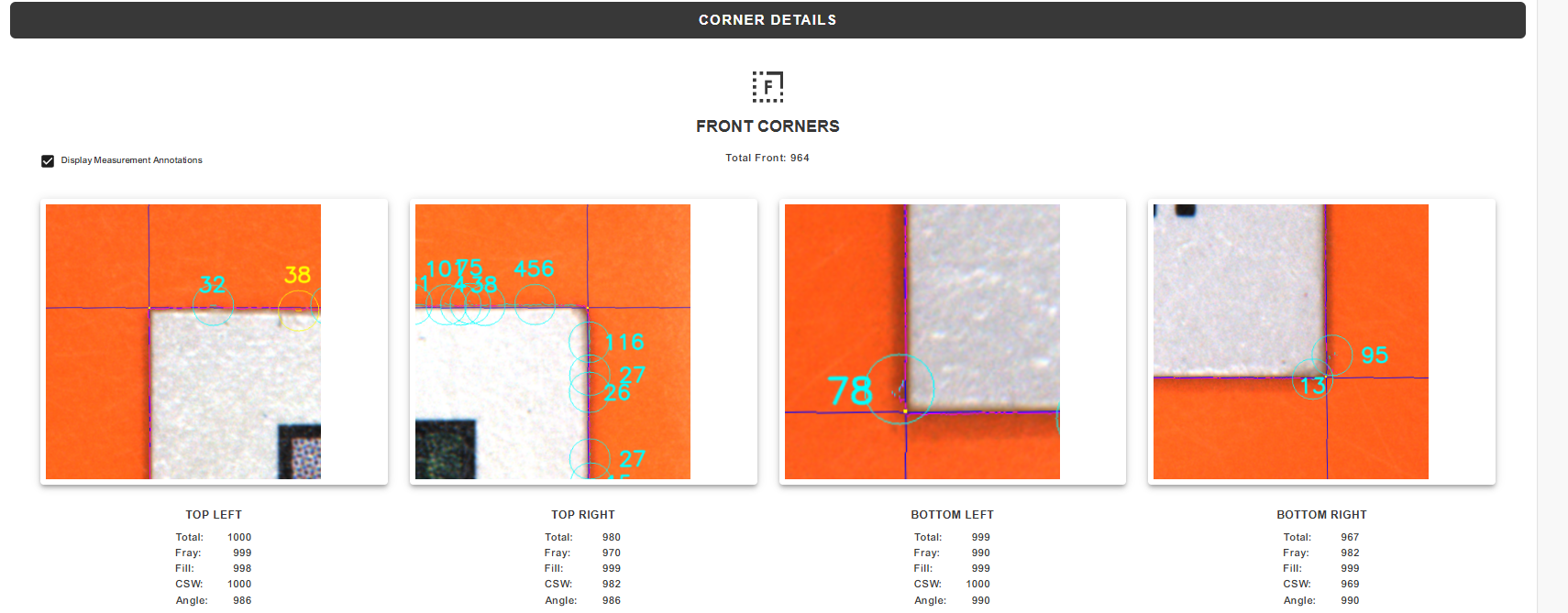 Detailed analysis of front corners of an object, showing magnified images of top left, top right, bottom left, and bottom right corners with accompanying measurement data.