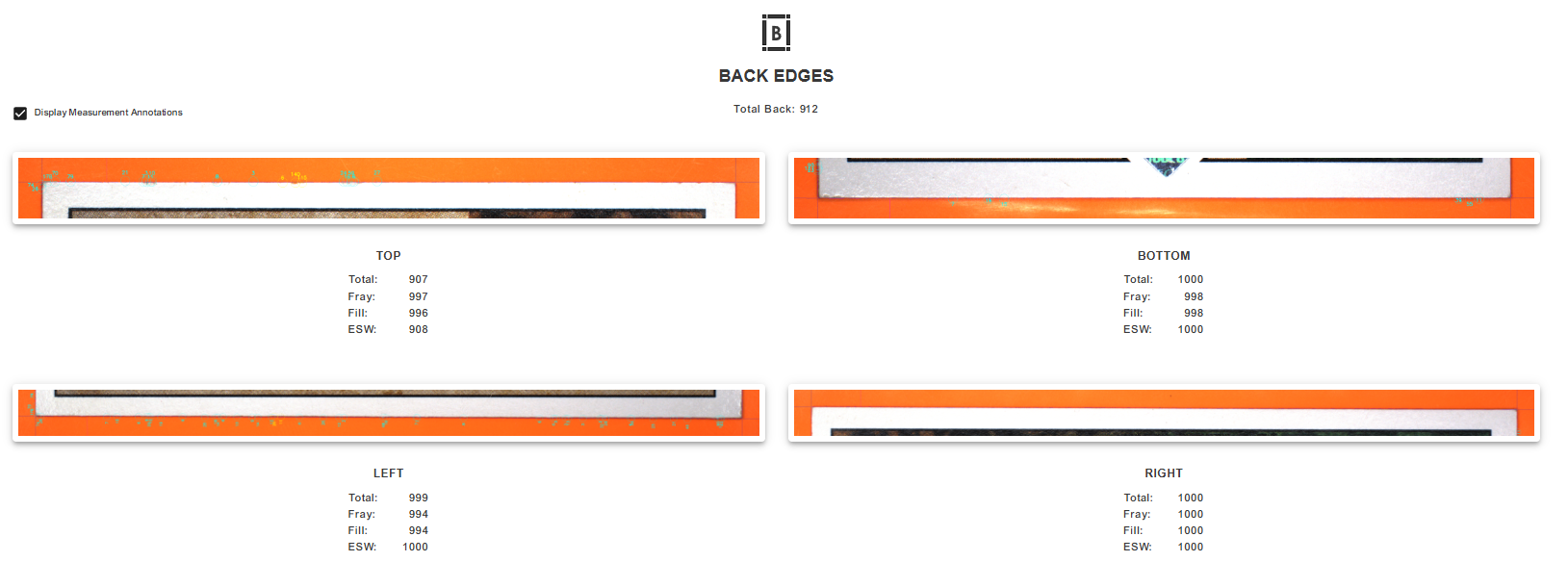 Measurement details of the back edges of a rectangular object, including total and fill values for top, bottom, left, and right edges.