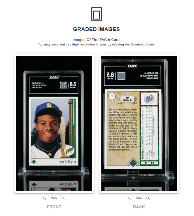 Front view of a graded baseball card featuring Ken Griffey Jr. with a rating of 8.5.
