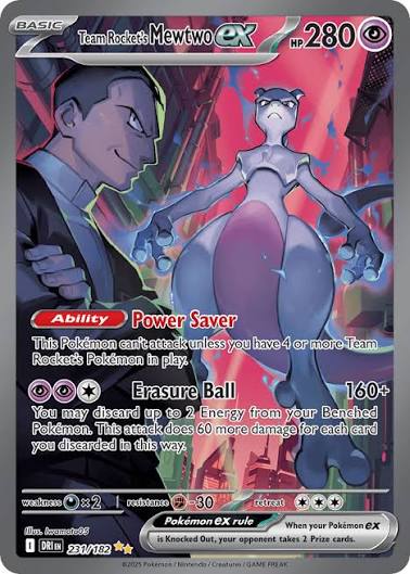 A trading card featuring Team Rocket's Mewtwo EX, with an HP of 280. It includes the ability 'Power Saver' and the attack 'Erasure Ball', illustrated against a dark background with characters from the Pokémon franchise.